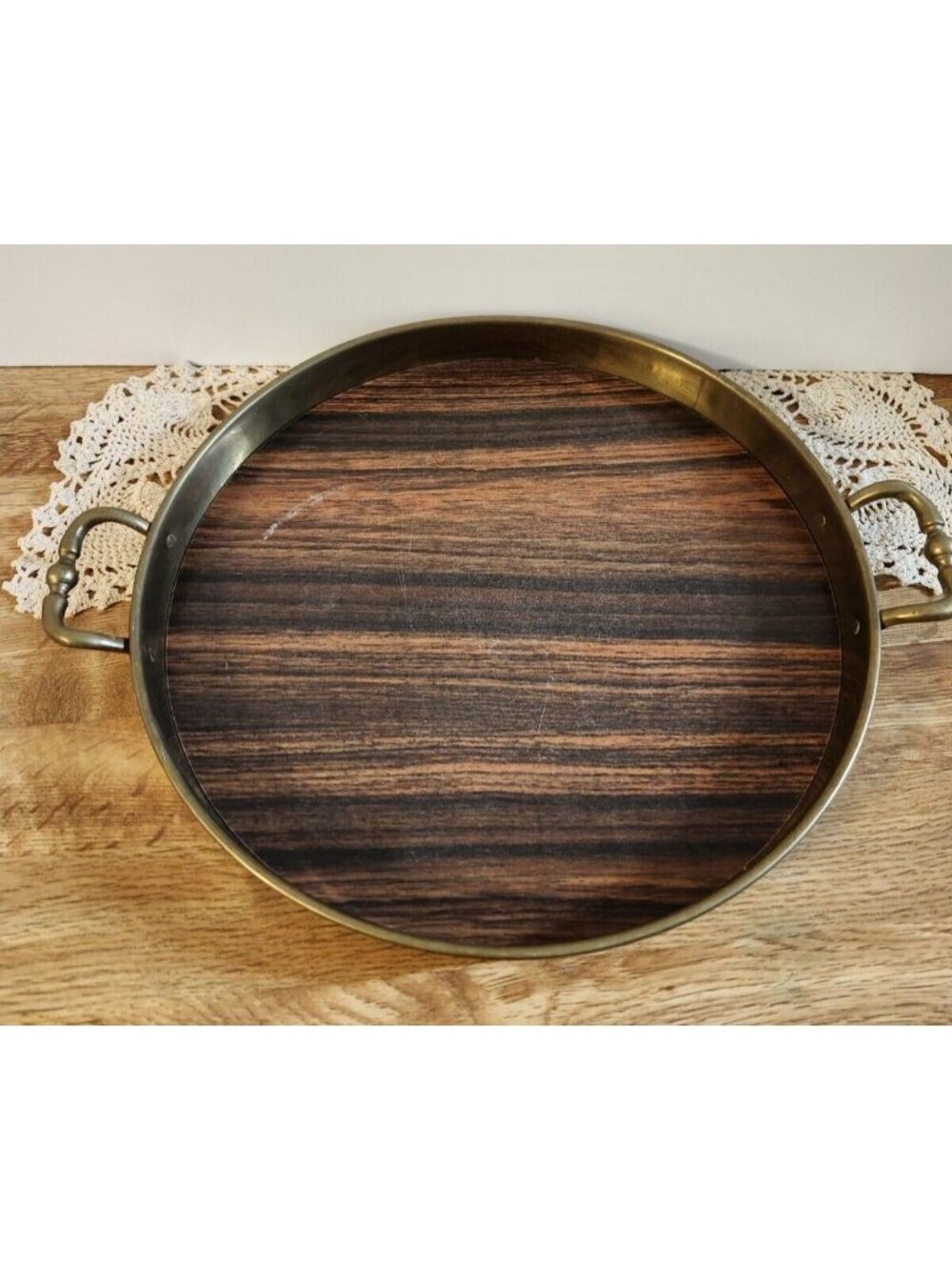 Brass MCM Serving Tray  Wood Laminate 11" Round Handled